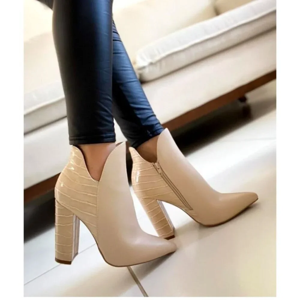 QUPID / Signal-84X / Beige / Faux Leather & Croc / Embossed Ankle / Booties / Hi